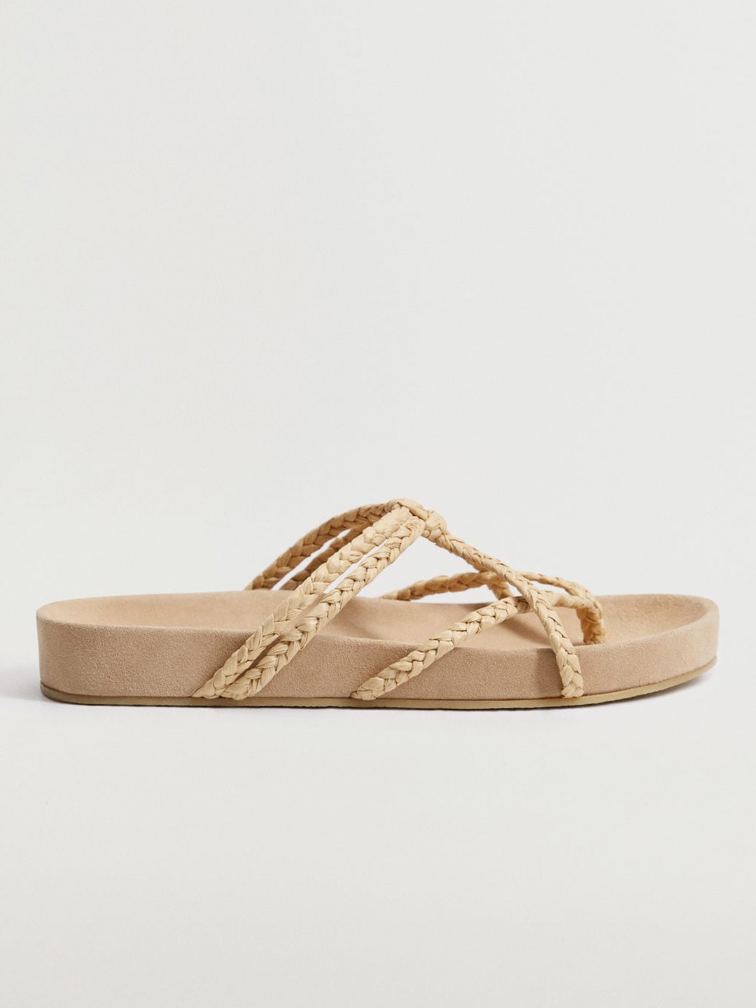 

MANGO Women Beige Braided Woven Design Open Toe Flats