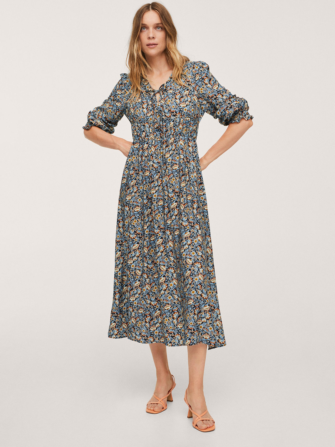 

MANGO Blue & Cream Coloured Floral Print A-Line Midi Dress