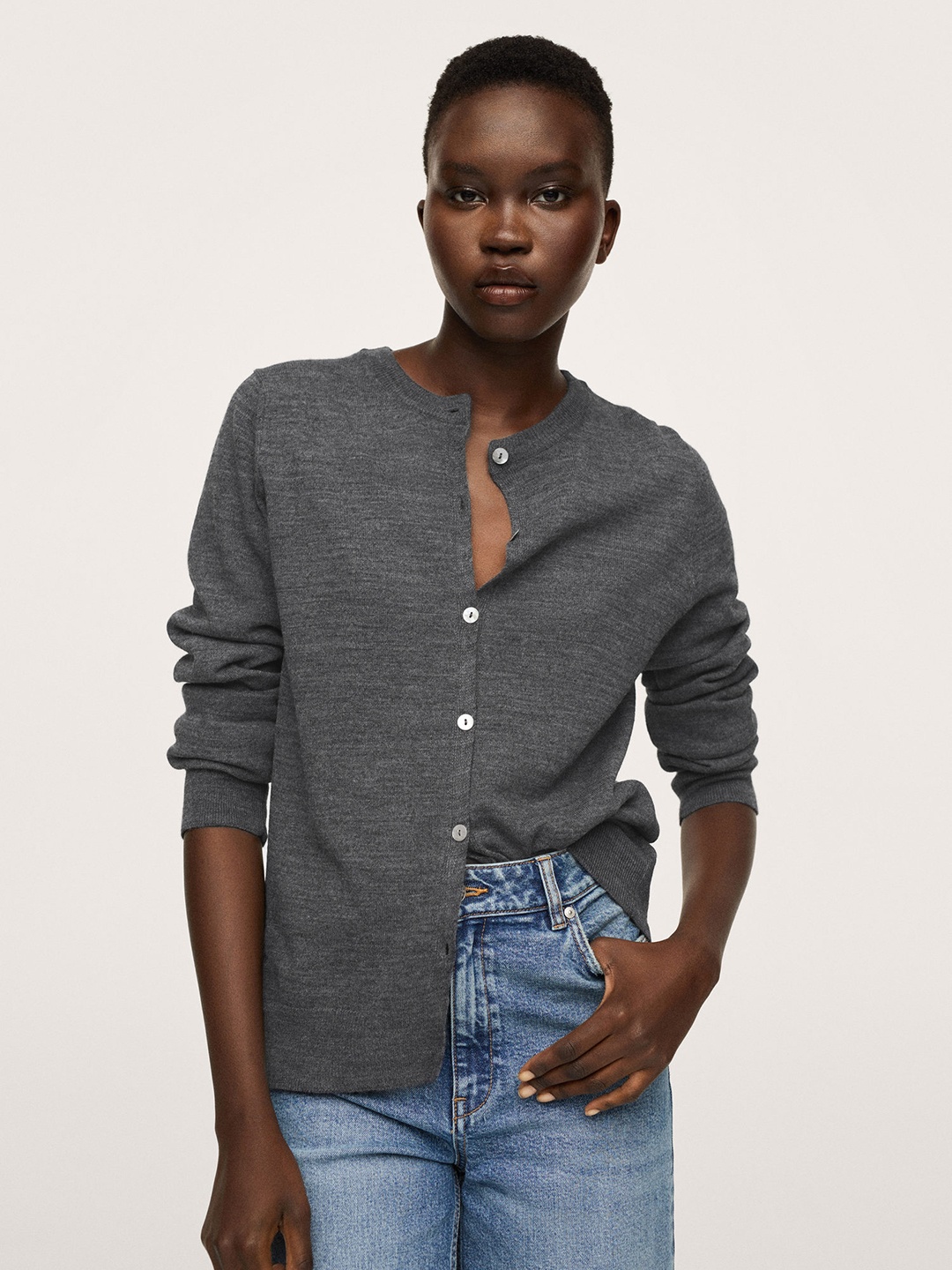 

MANGO Women Charcoal Grey Solid Cardigan