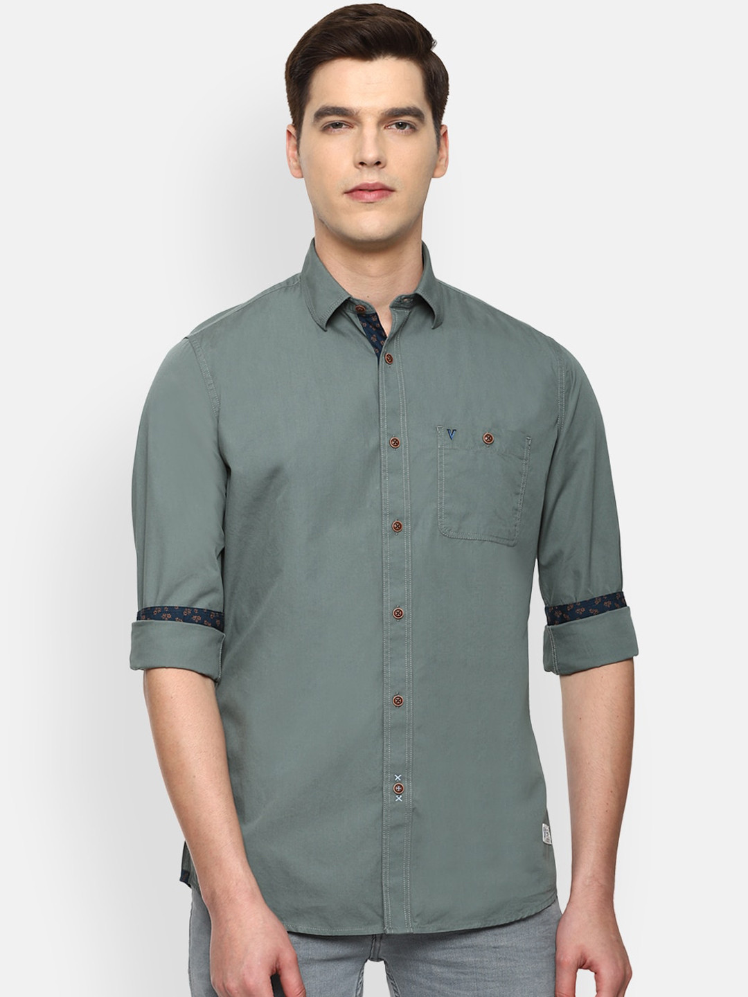 

VAN HEUSEN DENIM LABS Men Green Slim Fit Opaque Pure Cotton Casual Shirt