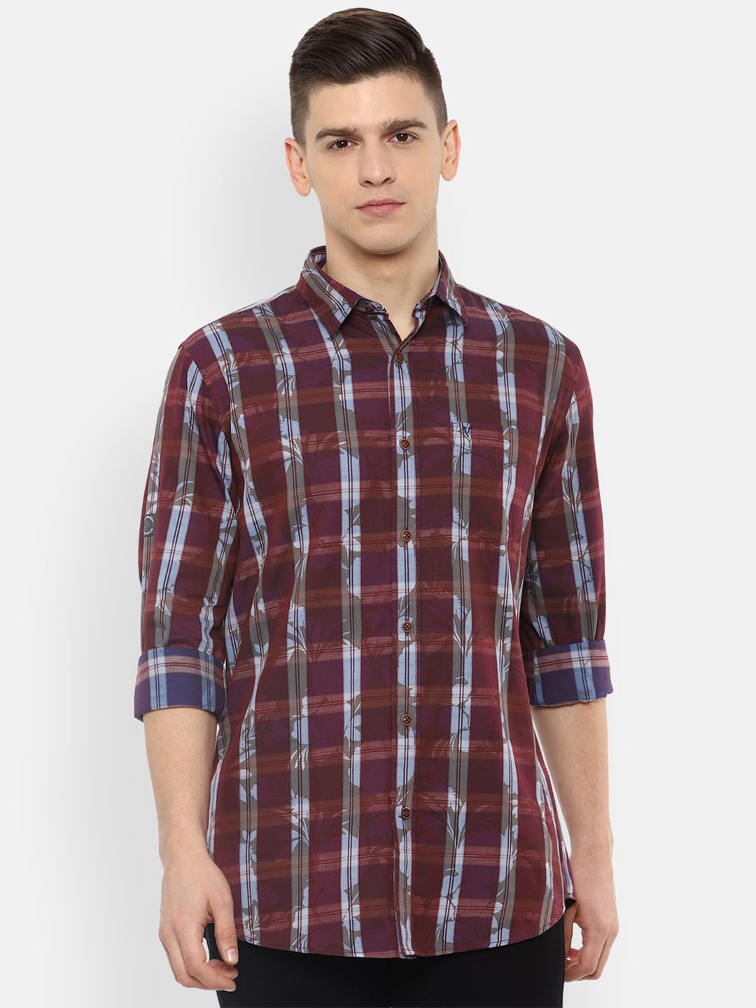 

VAN HEUSEN DENIM LABS Men Maroon Slim Fit Opaque Checked Pure Cotton Casual Shirt