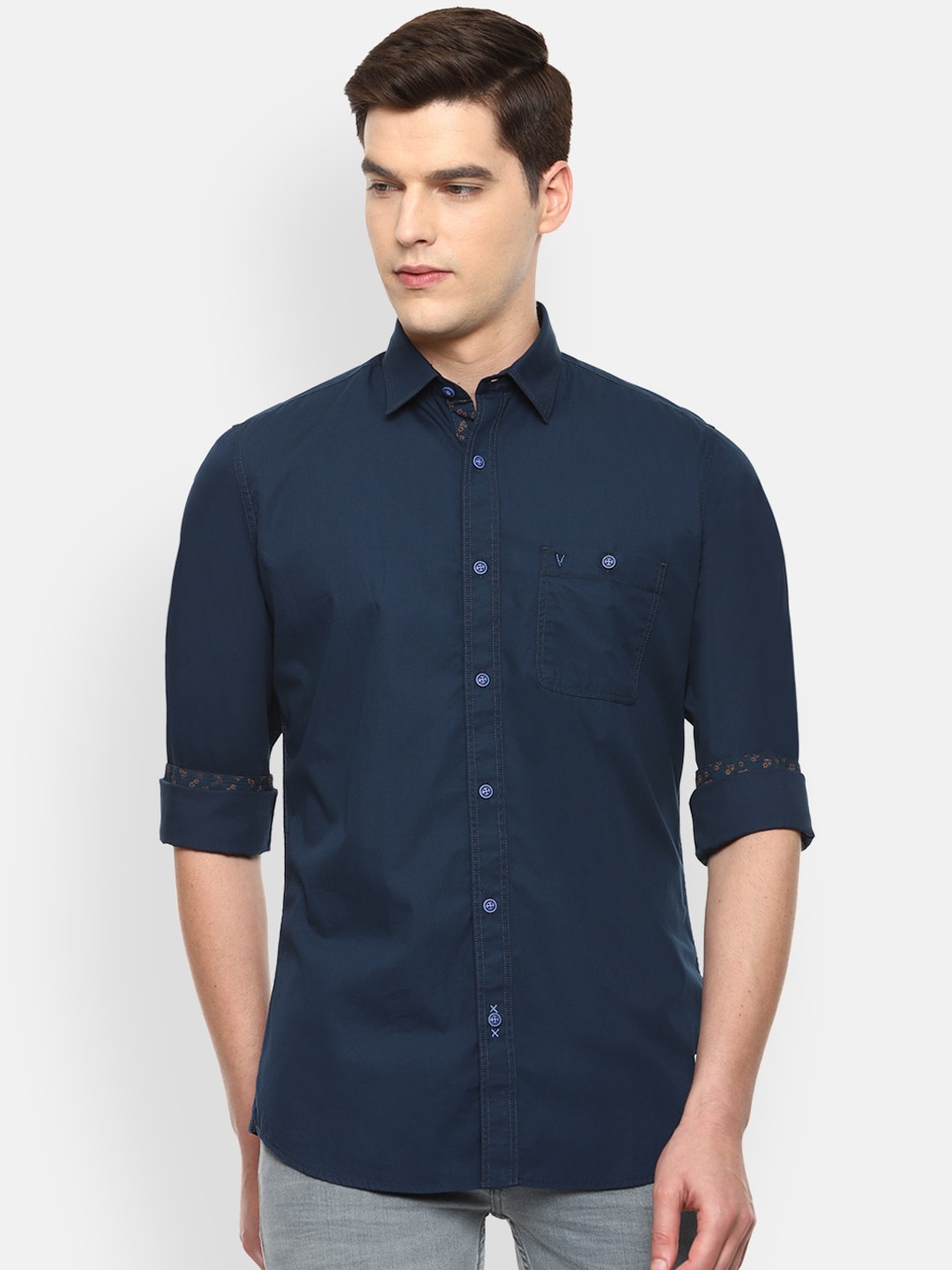 

VAN HEUSEN DENIM LABS Men Navy Blue Slim Fit Opaque Pure Cotton Casual Shirt