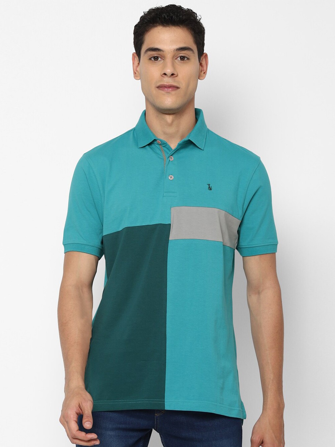 

SIMON CARTER LONDON Men Blue Green Colourblocked Slim Fit Pure Cotton T-shirt
