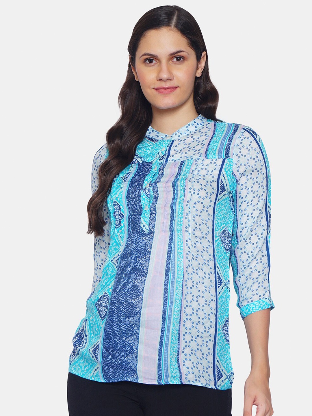 

IX IMPRESSION Blue Mandarin Collar Regular Top
