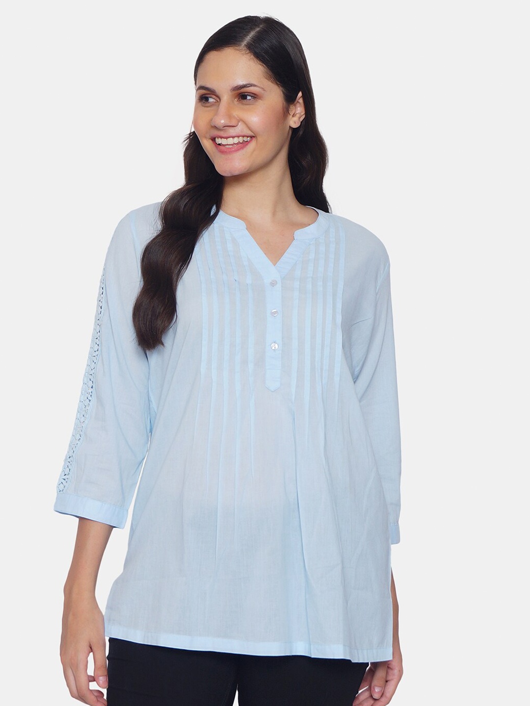 

IX IMPRESSION Turquoise Blue Solid Mandarin Collar Crepe Regular Top With Pleated