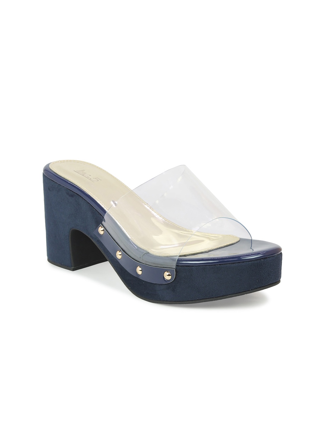 

Inc 5 Navy Blue Transparent Block Sandals Heels