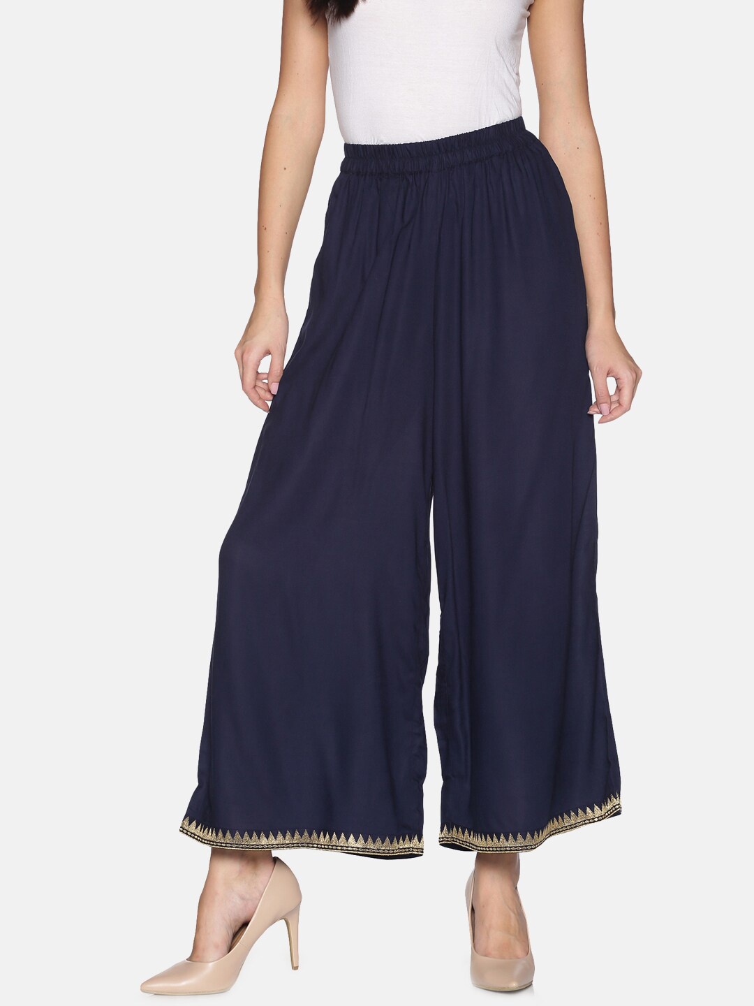 

Saffron Threads Women Navy Blue & Gold-Coloured Hem Embriodered Ethnic Palazzos