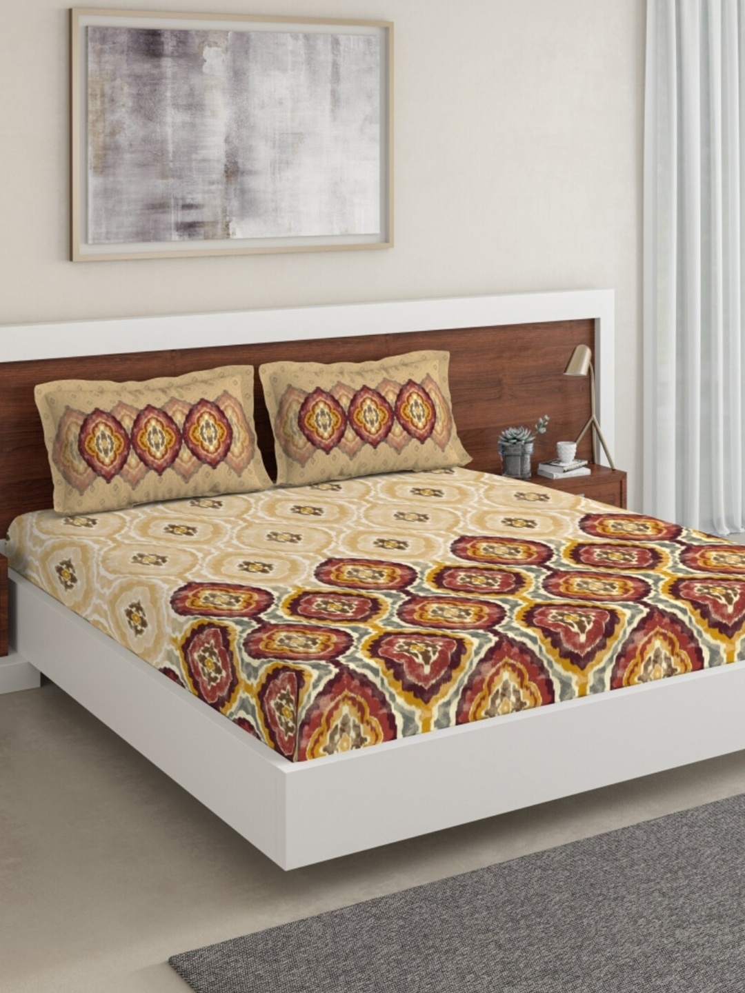 

DDecor Beige & Red Ethnic Motifs 130 TC Cotton Queen Bedsheet with 2 Pillow Covers