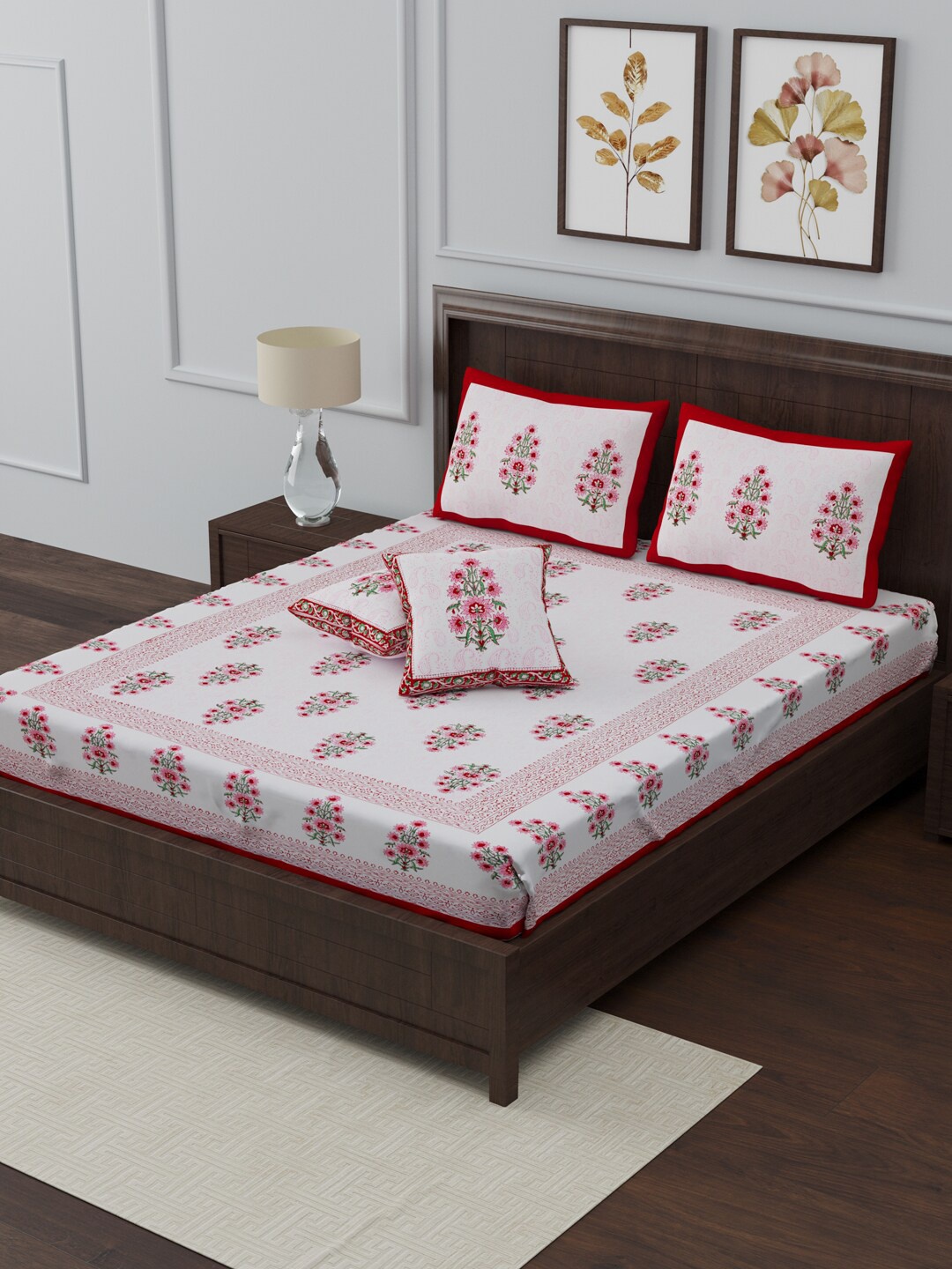 

Gulaab Jaipur Pink & White Block Print 350 TC Cotton King Bedsheet with 2 Pillow Covers & 2 Cushion Covers