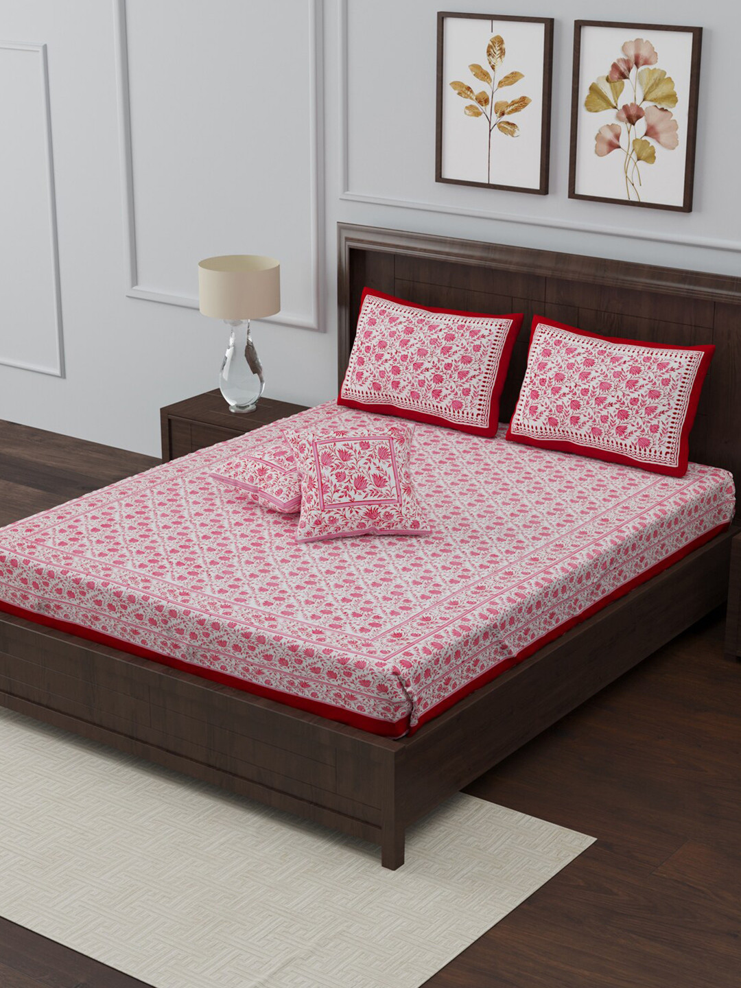 

Gulaab Jaipur Pink & White Block Print 350 TC Cotton King Bedsheet with 2 Pillow Covers & 2 Cushion Covers