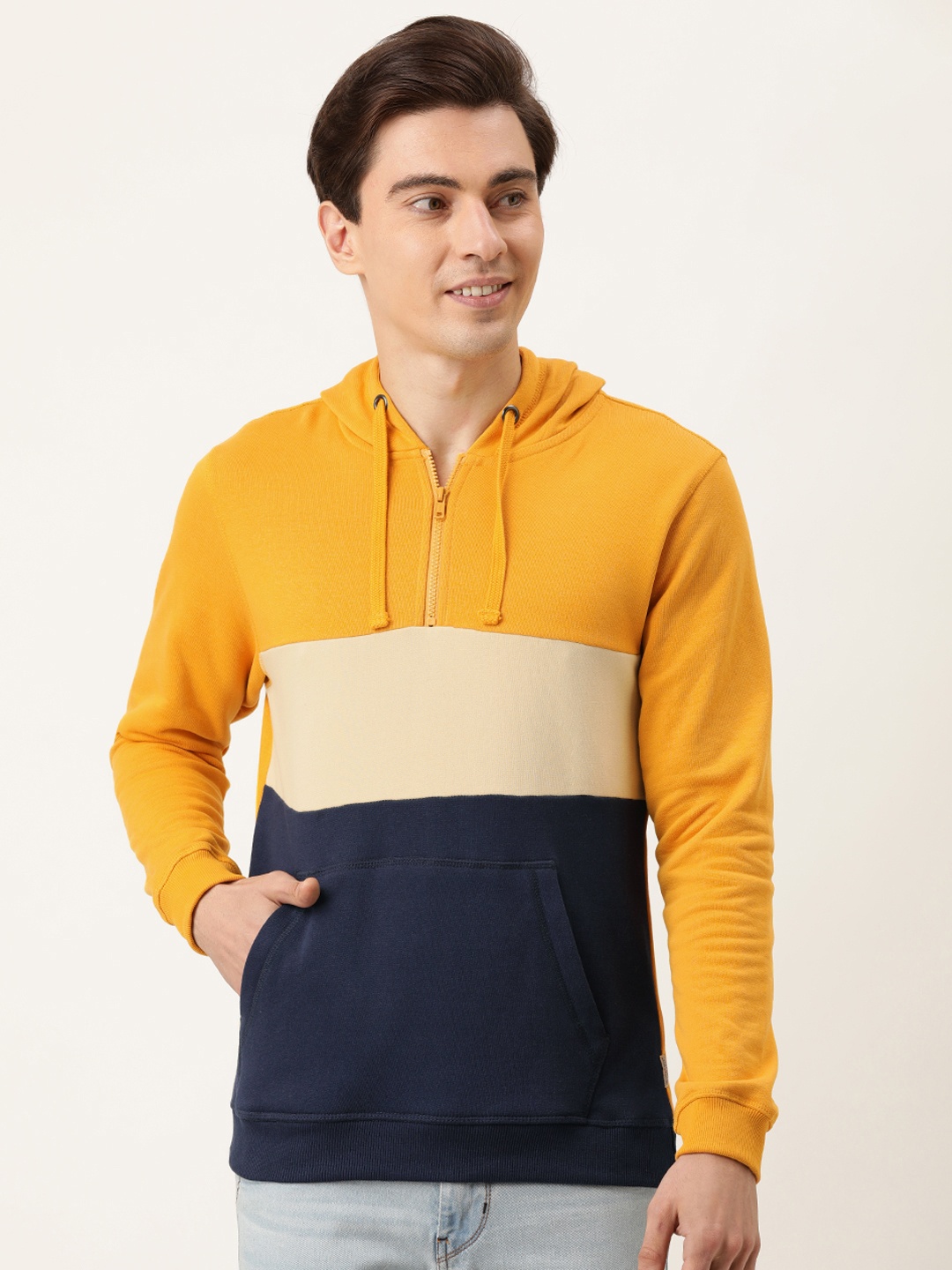 

Flying Machine Men Yellow Colourblocked Hooded Sweatshirt