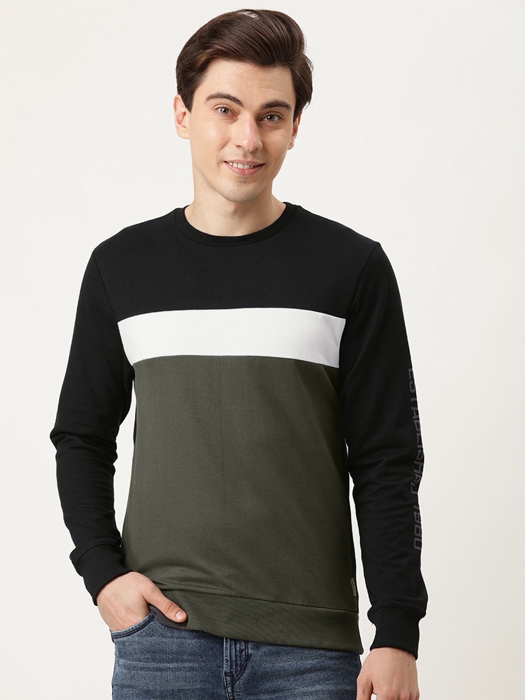 

Flying Machine Men Black & Olive Green Colourblocked Pure Cotton Sweatshirt