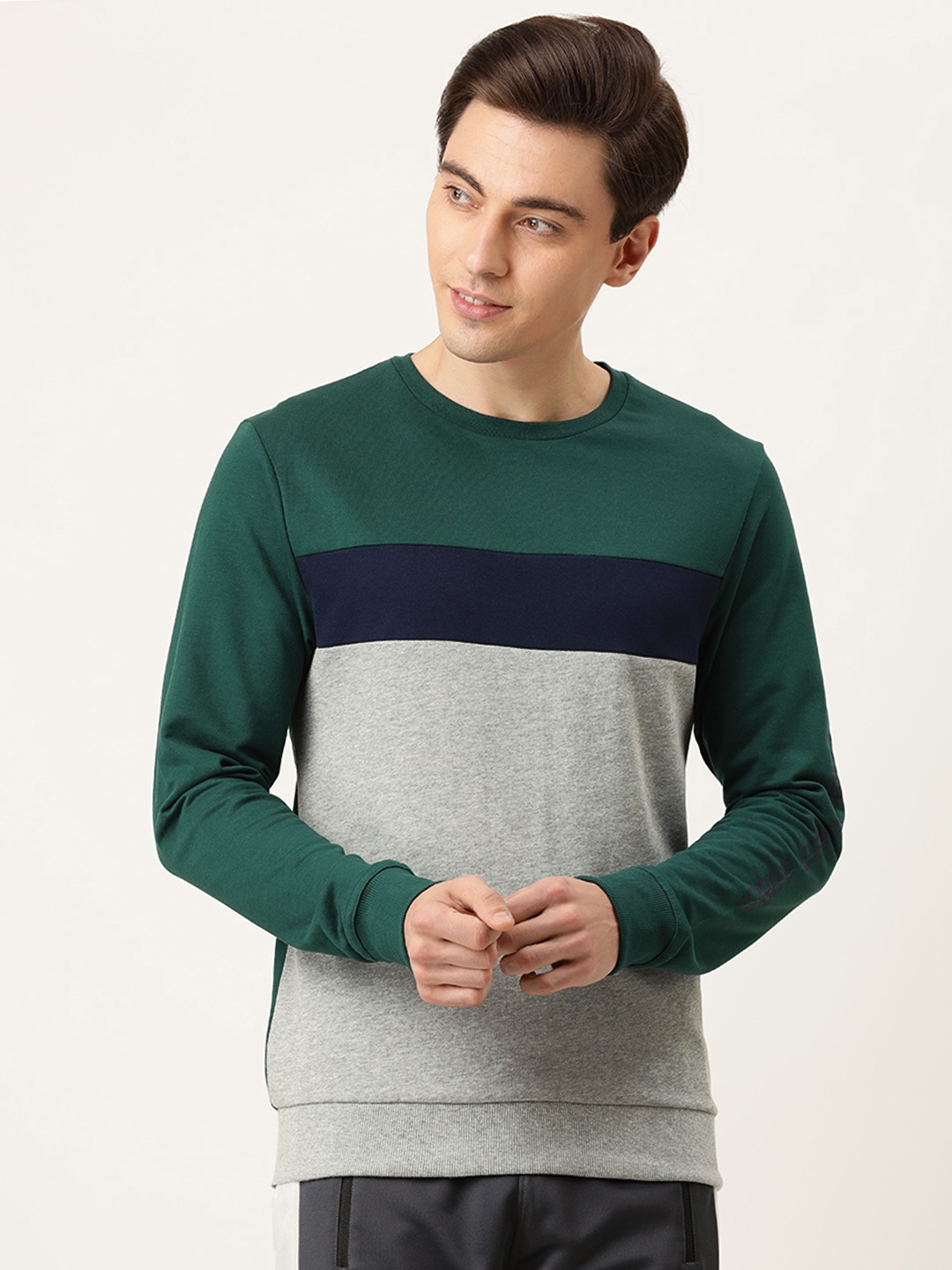 

Flying Machine Men Green & Grey Colourblocked Sweatshirt