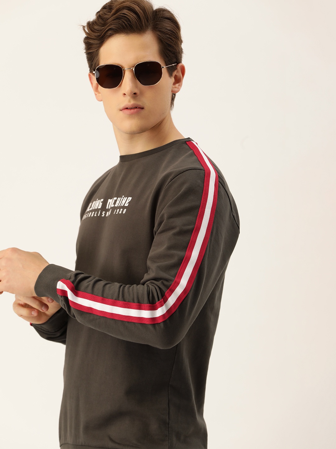 

Flying Machine Men Coffee Brown Brand Logo Printed Pullover Sweatshirt With Side Stripes