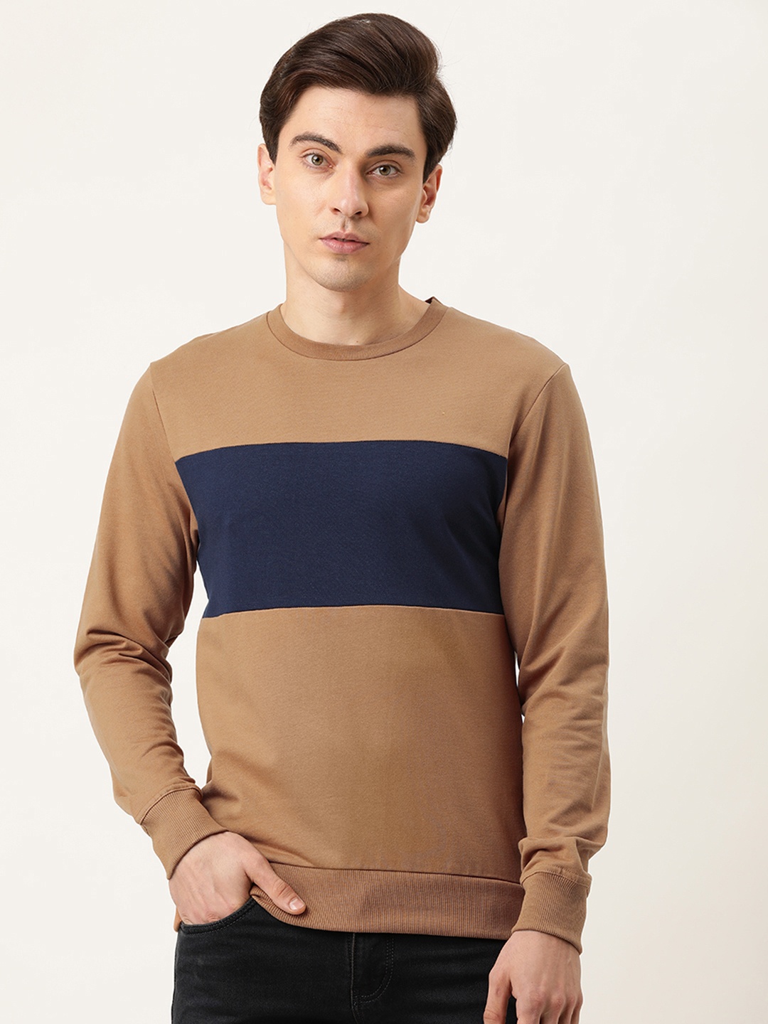 

Flying Machine Men Brown & Navy Blue Colourblocked Pure Cotton Sweatshirt