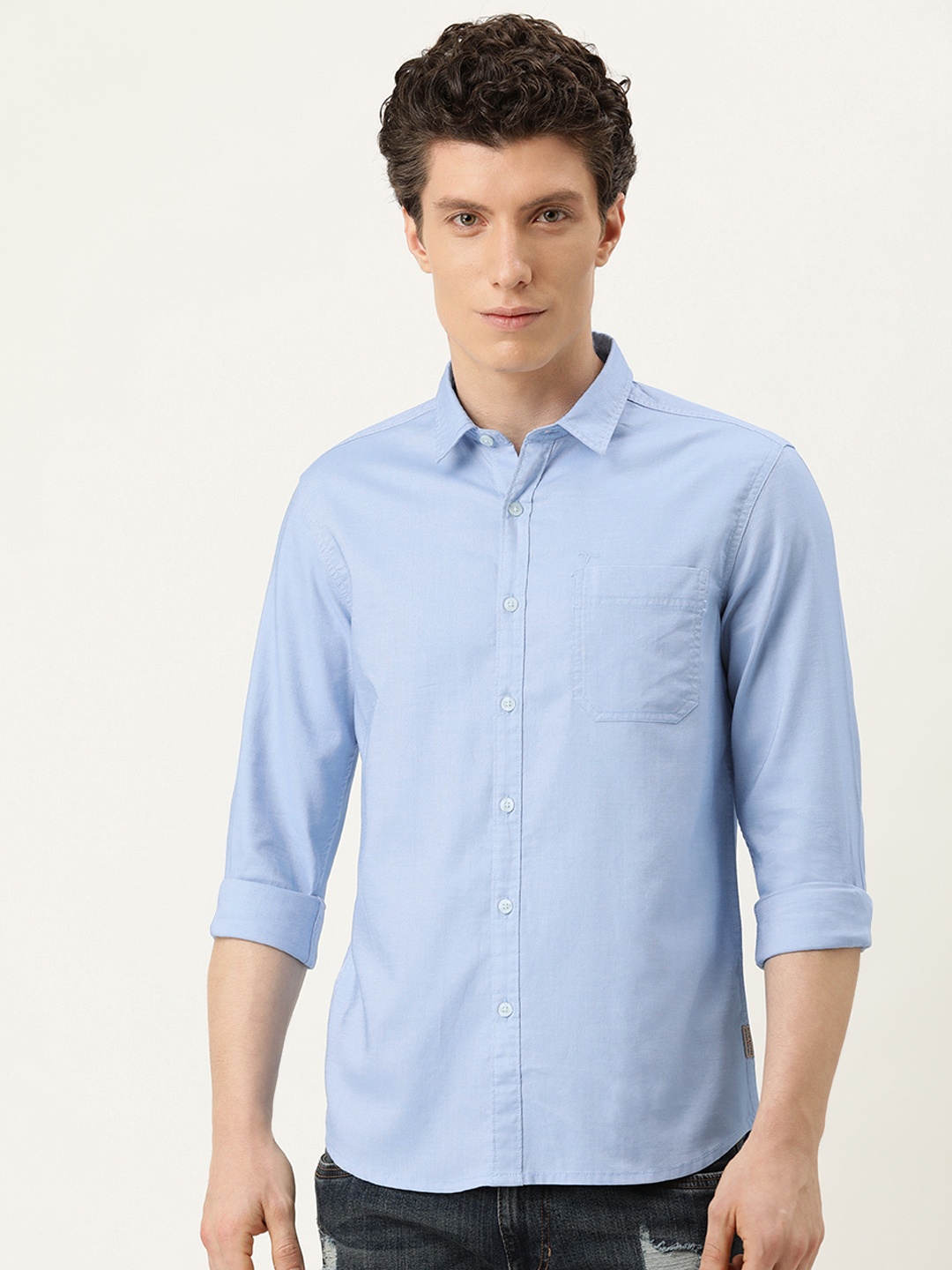 

Flying Machine Men Blue Slim Fit Solid Pure Cotton Opaque Casual Shirt