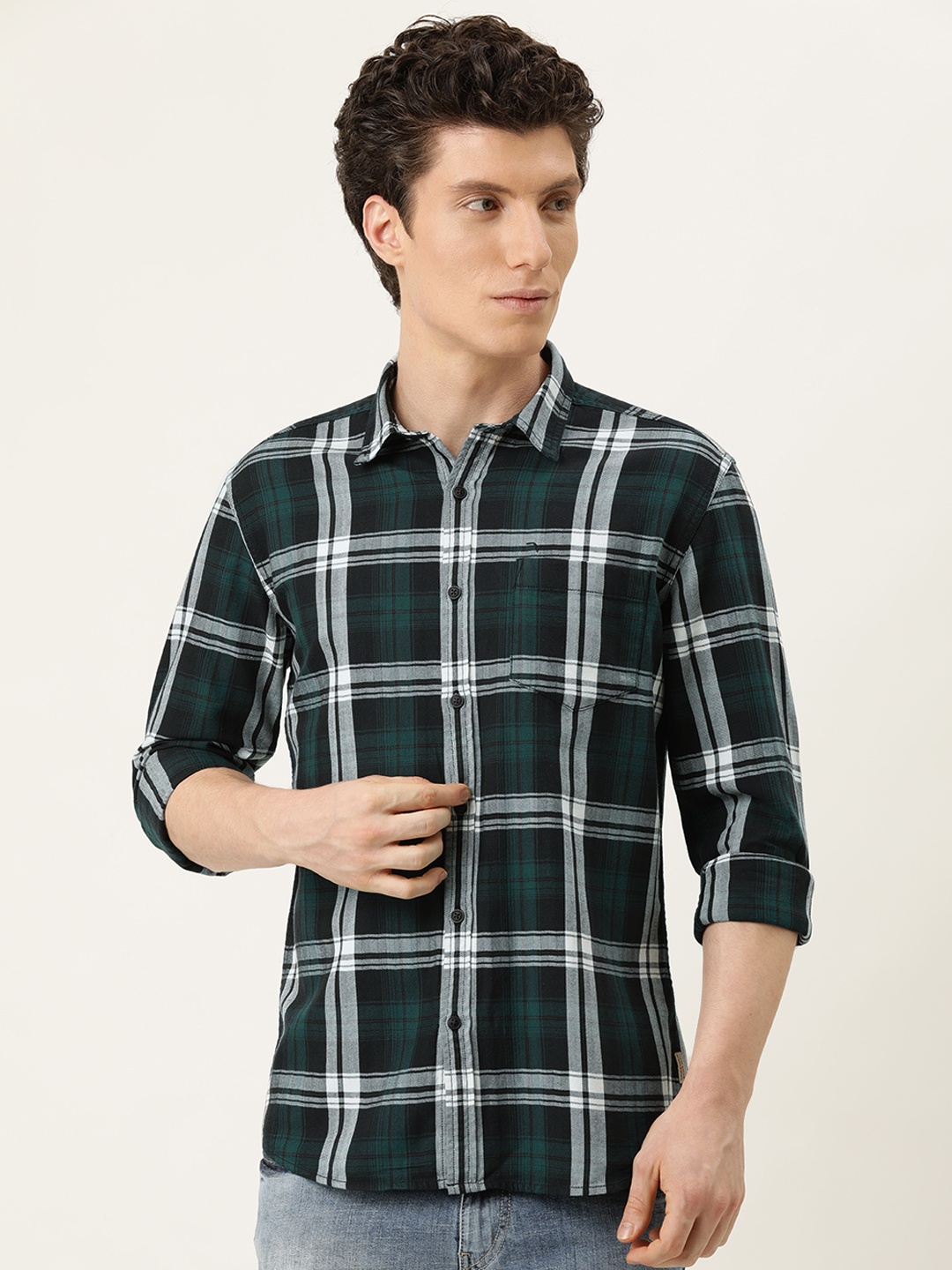 

Flying Machine Men Green & Black Slim Fit Checked Pure Cotton Opaque Casual Shirt
