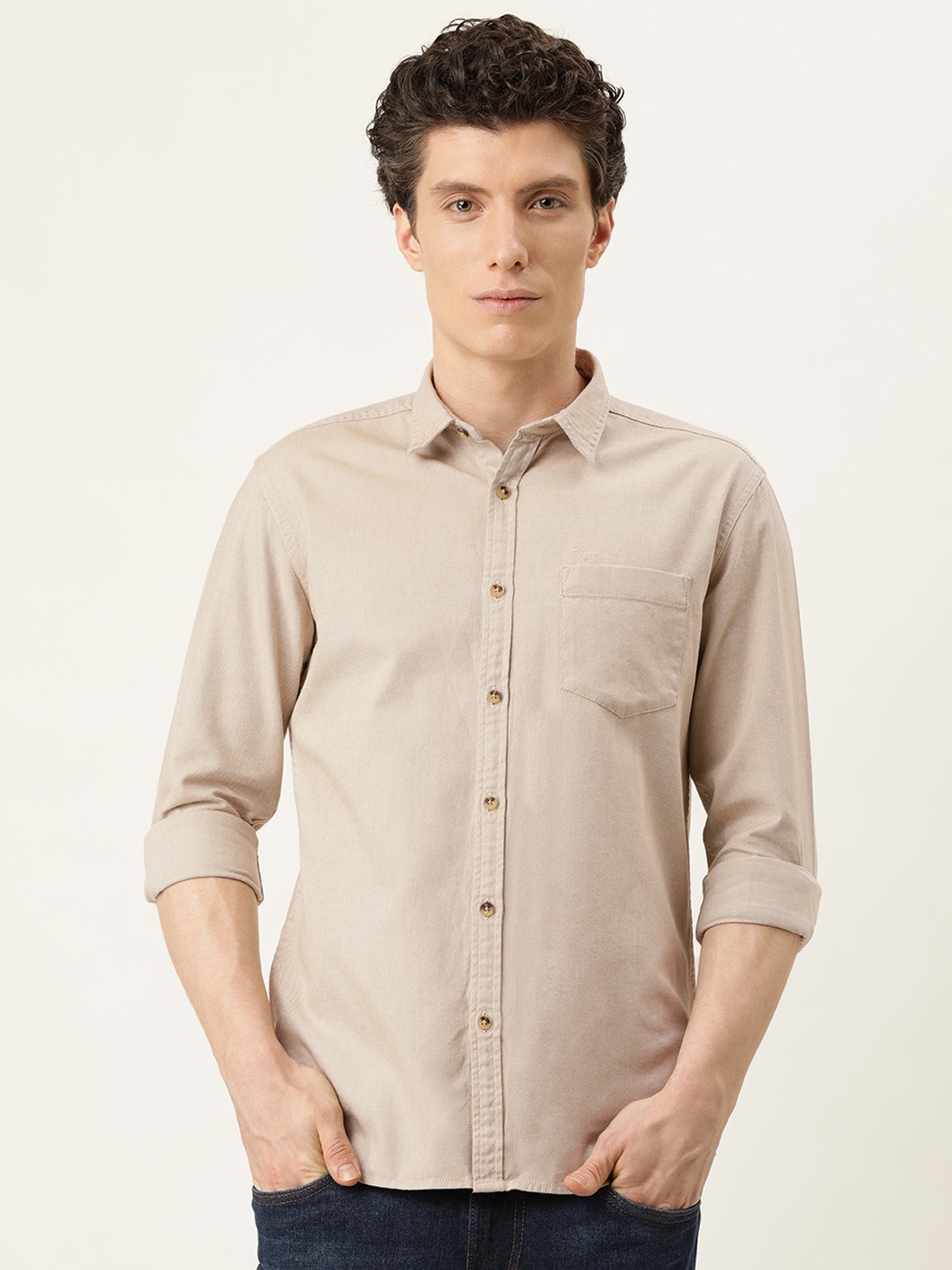 

Flying Machine Men Beige Slim Fit Solid Pure Cotton Opaque Casual Shirt