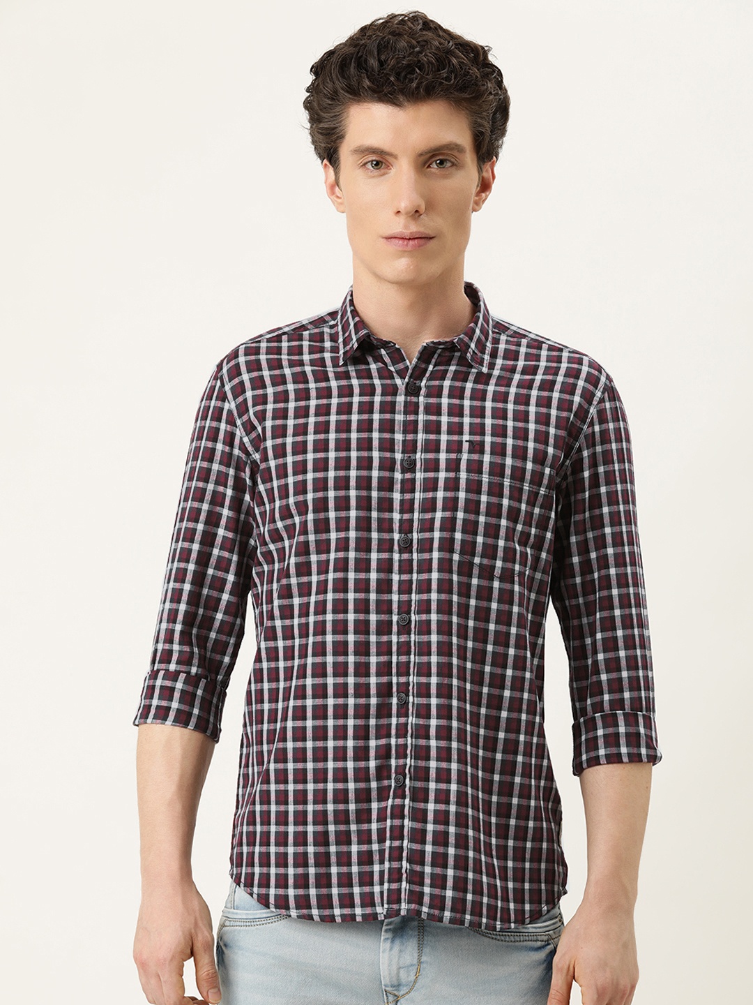 

Flying Machine Men Burgundy & Black Slim Fit Checked Pure Cotton Opaque Casual Shirt