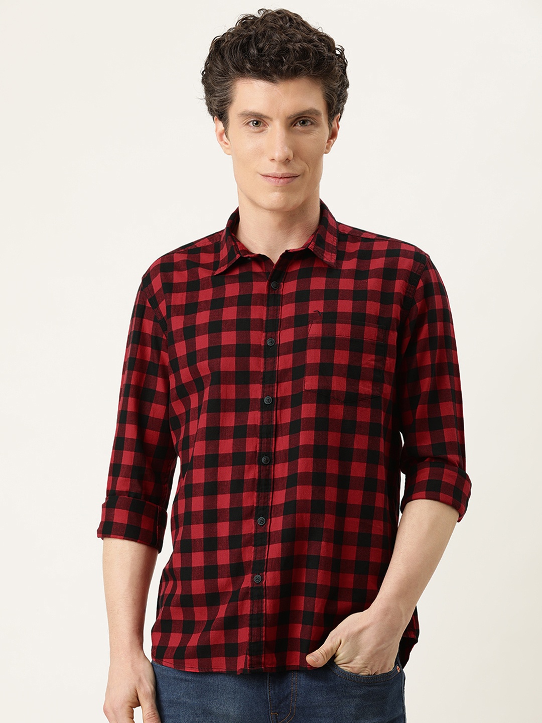 

Flying Machine Men Red & Black Slim Fit Checked Pure Cotton Opaque Casual Shirt