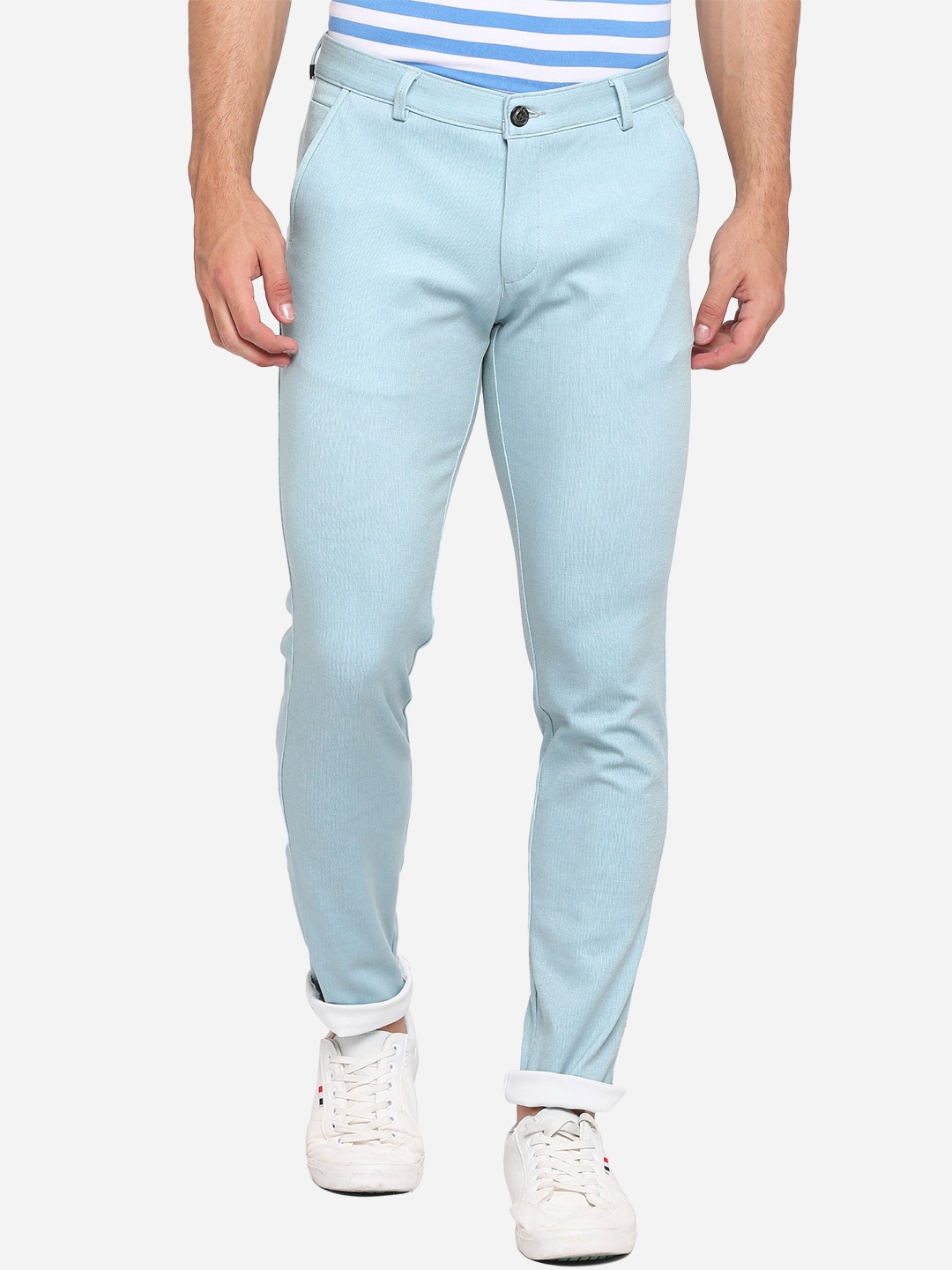 

JADE BLUE Men Blue Slim Fit Pure Cotton Trousers
