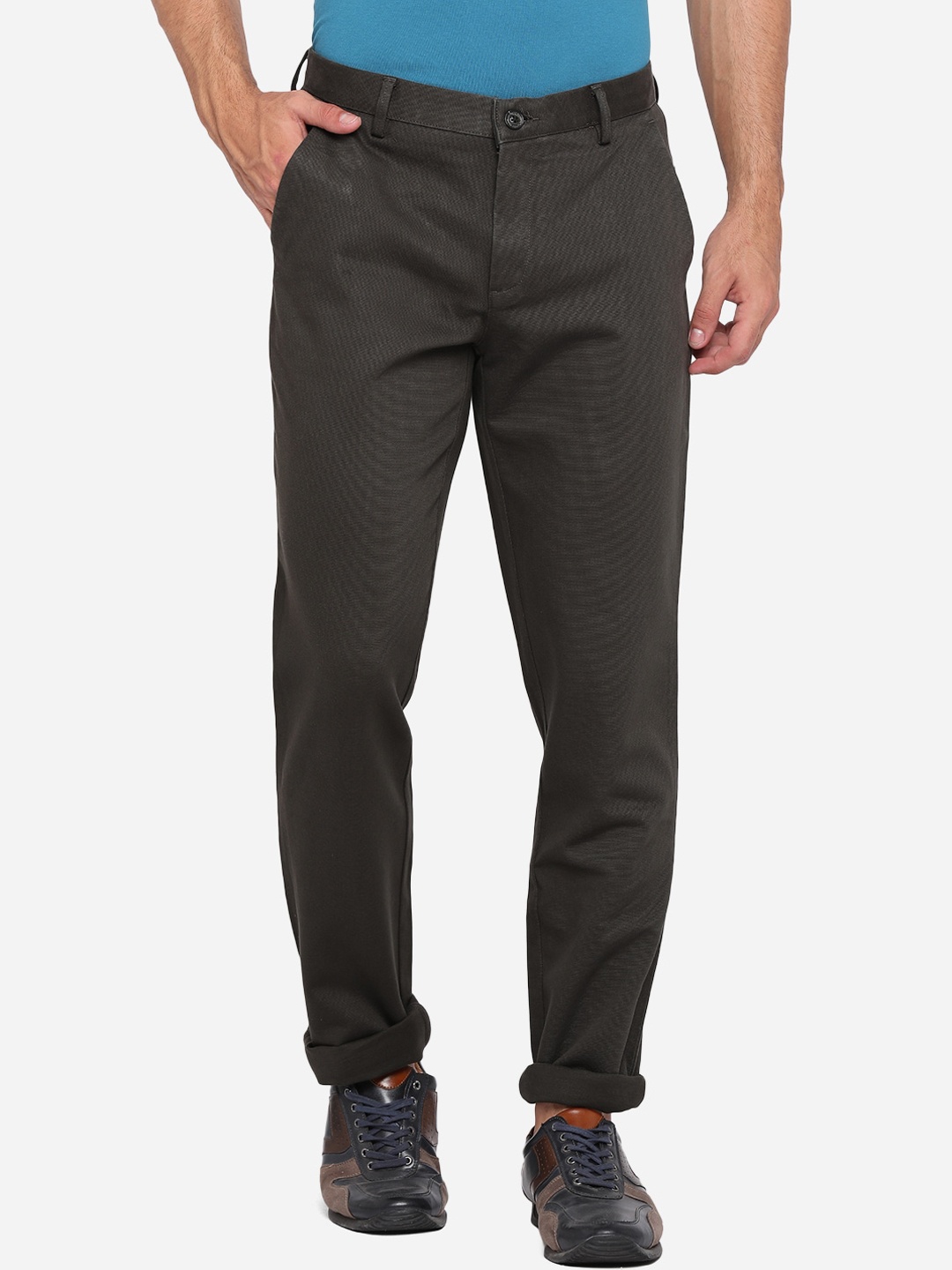 

JADE BLUE Men Olive Green Textured Slim Fit Pure Cotton Trousers