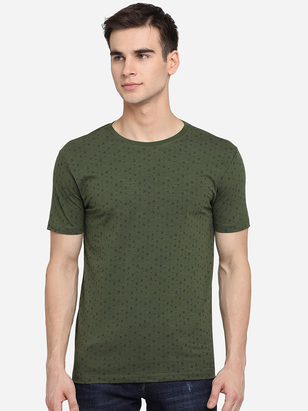 

JADE BLUE Men Olive Green Printed Slim Fit Pure Cotton T-shirt