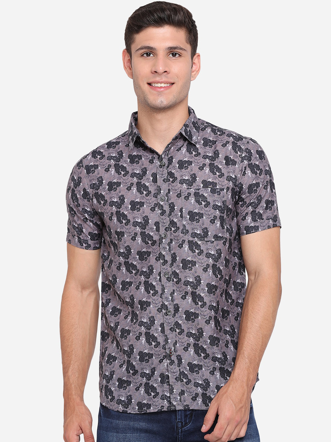 

JADE BLUE Men Grey Slim Fit Floral Opaque Printed Pure Cotton Casual Shirt