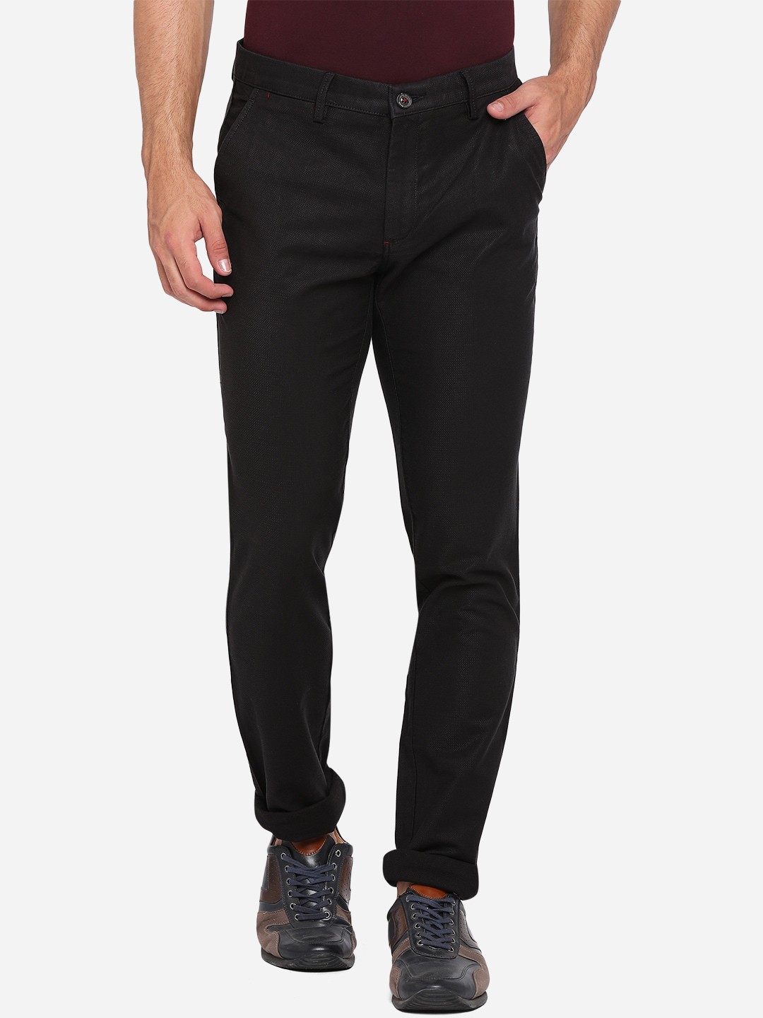 

JADE BLUE Men Black Slim Fit Pure Cotton Trousers