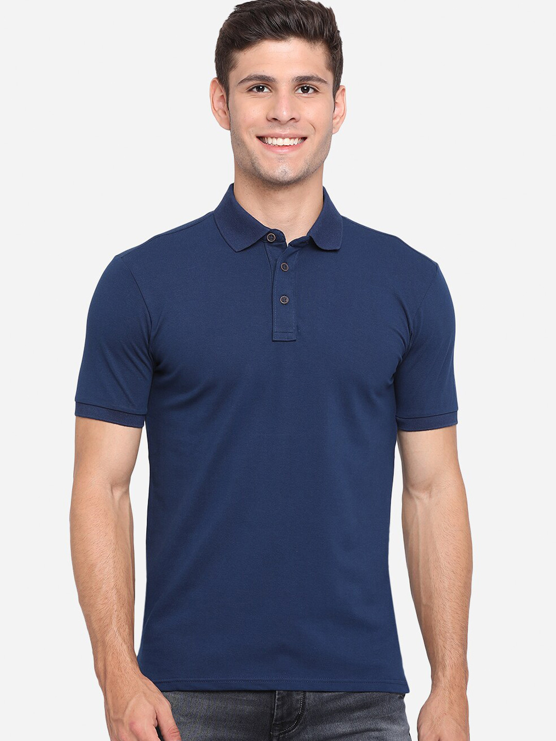 

JADE BLUE Men Blue Polo Collar Slim Fit Pure Cotton T-shirt
