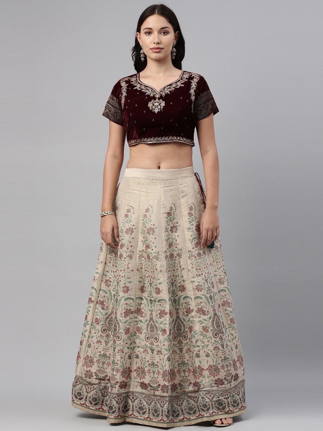 

Neerus Burgundy & Beige Embroidered Ready to Wear Lehenga & Blouse