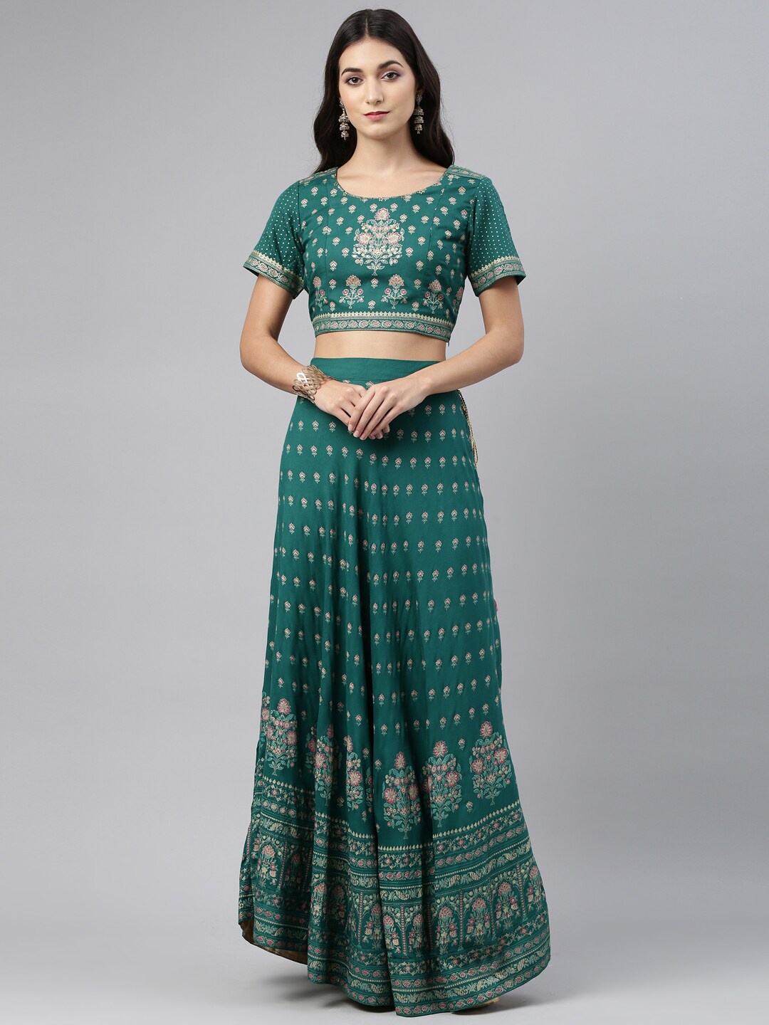 

Neerus Green & Pink Printed Ready to Wear Lehenga & Blouse