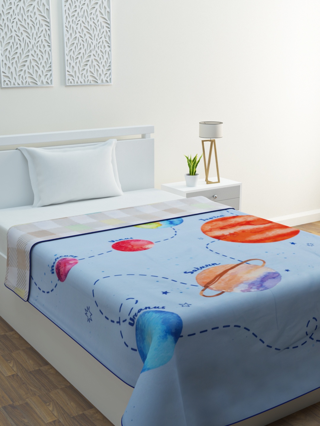 

HOME AFFAIRS Blue & White Cartoon Characters AC Room 210 GSM Single Bed Reversible Dohar