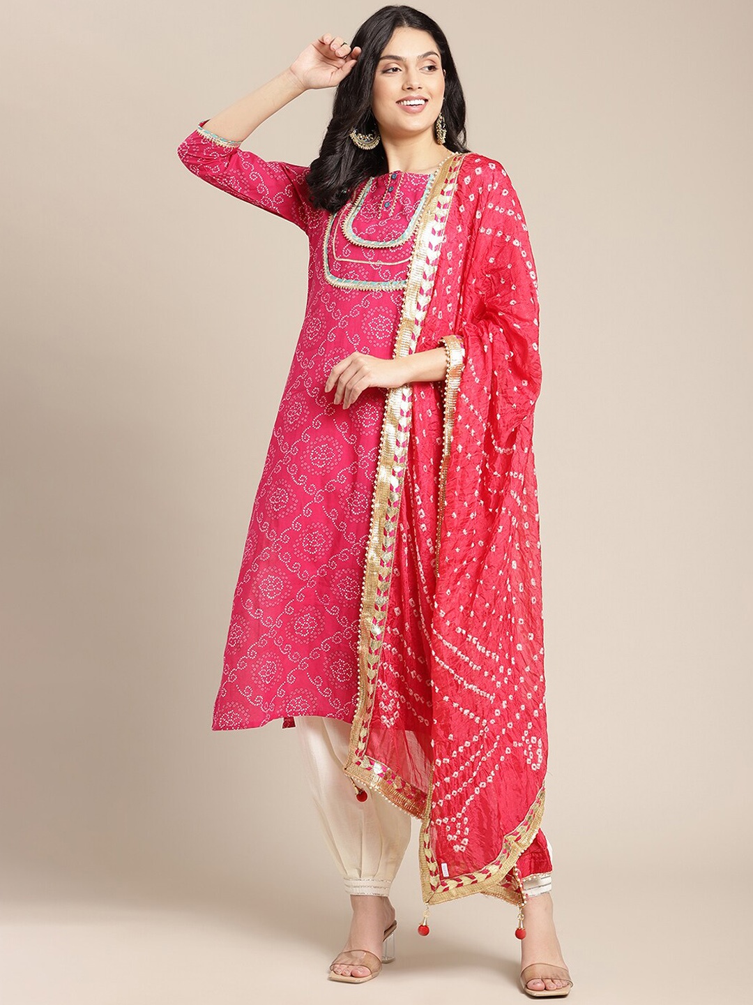 

KSUT Women Pink Ethnic Motifs Printed Regular Pure Cotton Kurta with Patiala & With Dupatta