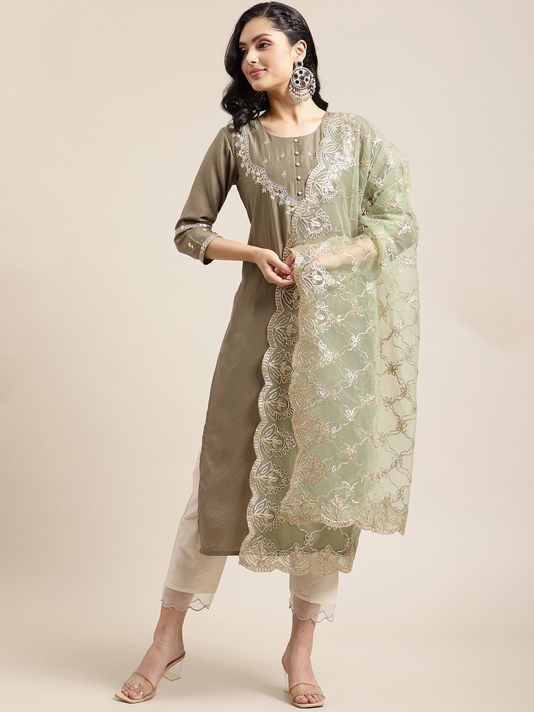 

Varanga Women Olive Green Floral Yoke Design Layered Kurta with Trousers & With Dupatta