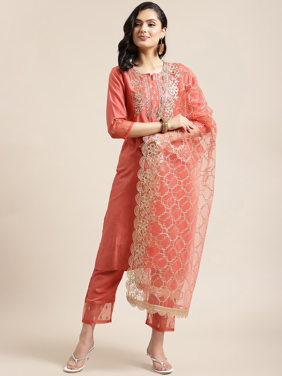 

Varanga Women Coral Orange Ethnic Motifs Yoke Design Regular Kurta with Trousers & Dupatta