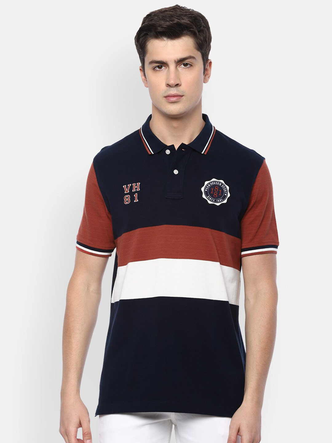 

Van Heusen Sport Men Navy Blue Colourblocked Polo Collar Applique T-shirt