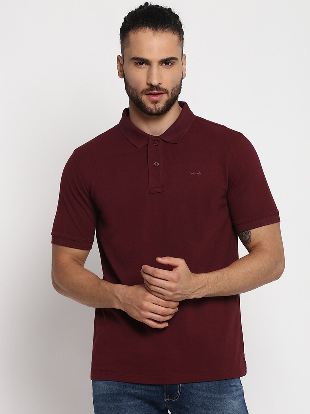 

Wrangler Men Maroon Polo Collar Applique T-shirt