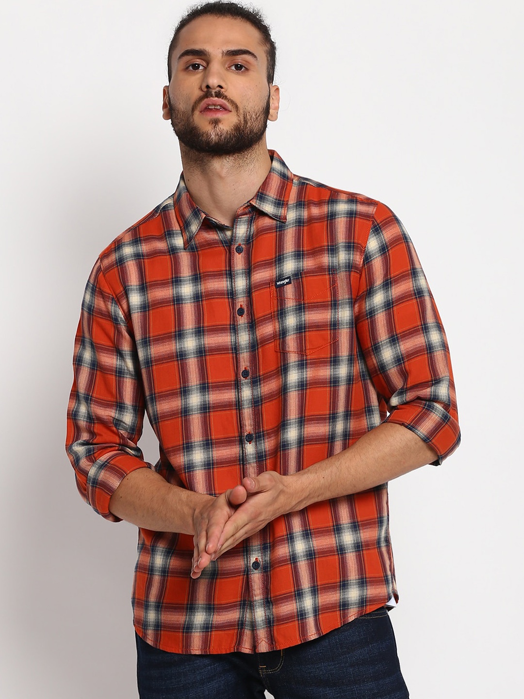 

Wrangler Men Orange Opaque Checked Casual Shirt