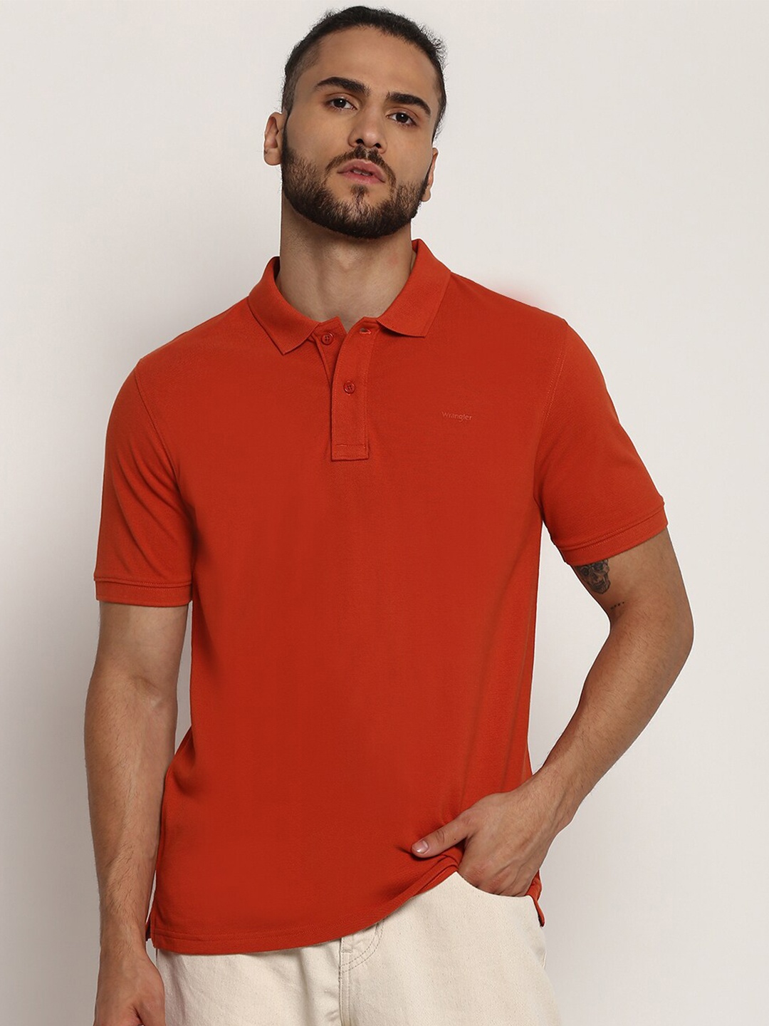 

Wrangler Men Orange Polo Collar Applique T-shirt