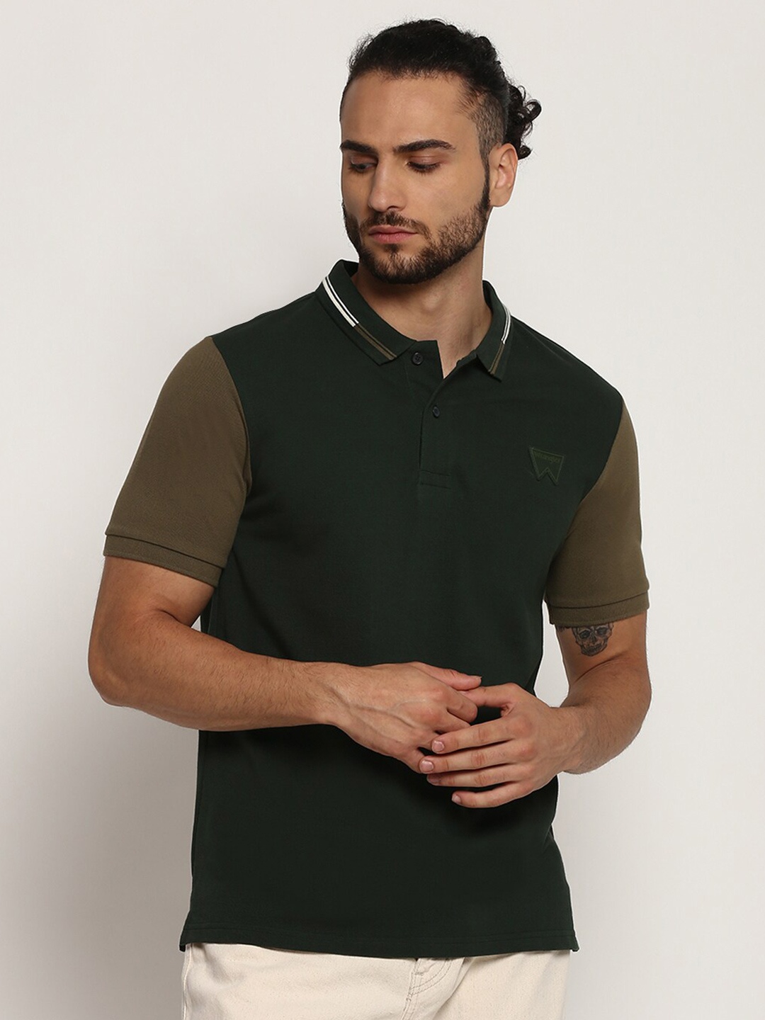 

Wrangler Men Green Polo Collar Applique T-shirt
