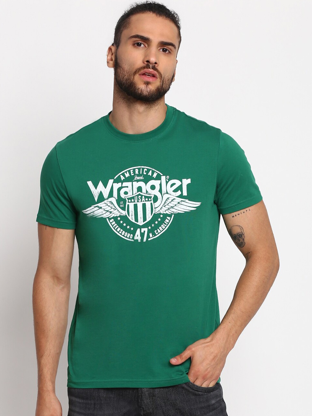 

Wrangler Men Green Typography Printed Applique T-shirt