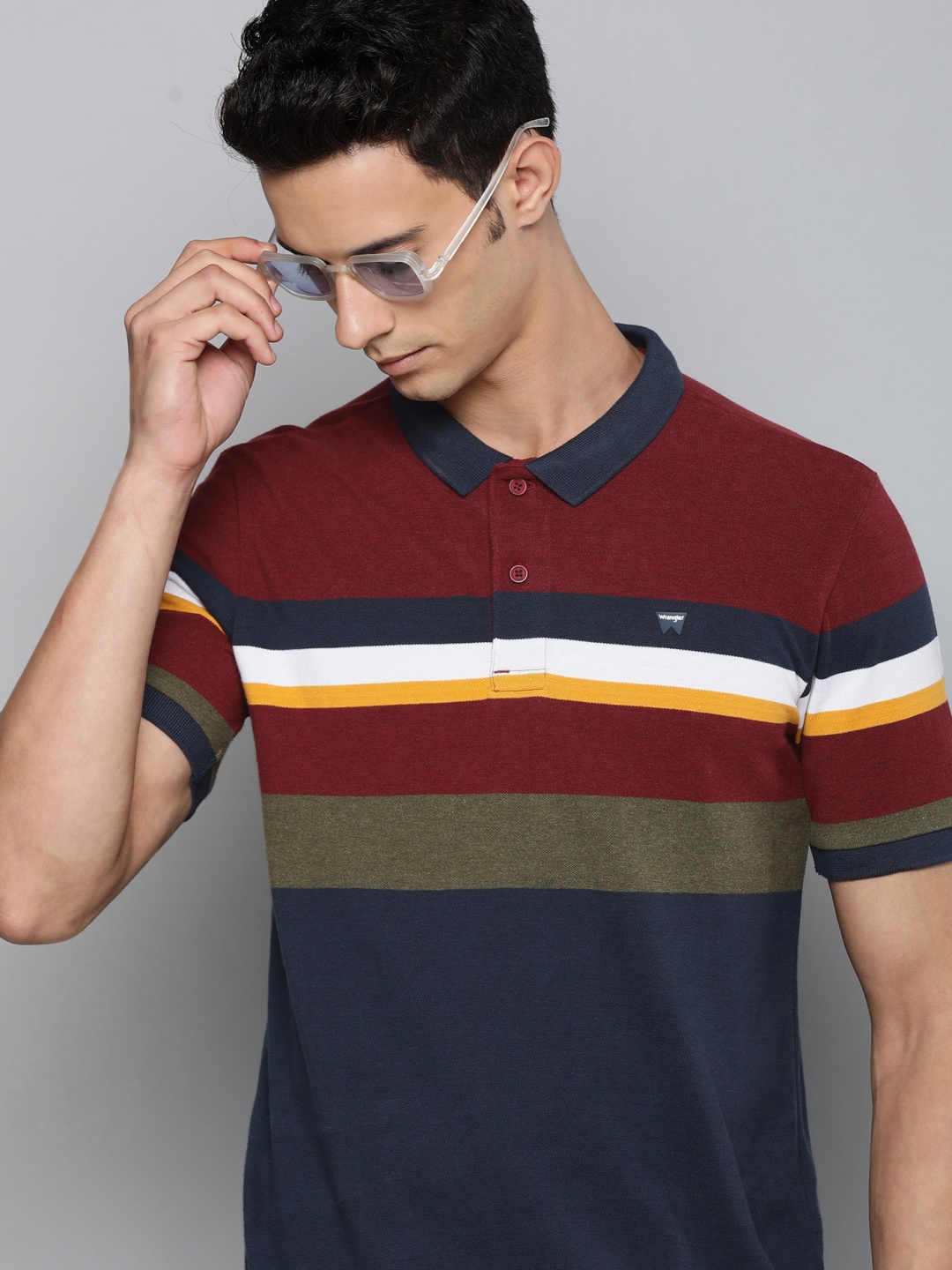 

Wrangler Men Blue & Red Striped Polo Collar Pure Cotton T-shirt
