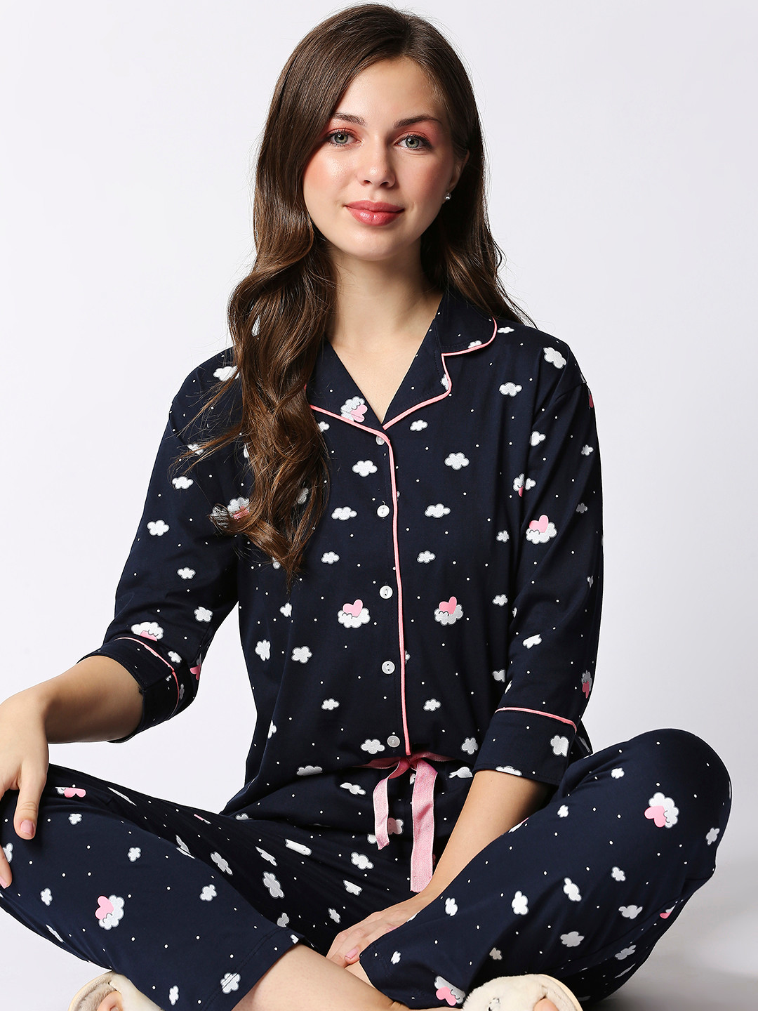 

I like me Women Navy Blue & White Pure Cotton Printed Night Suit