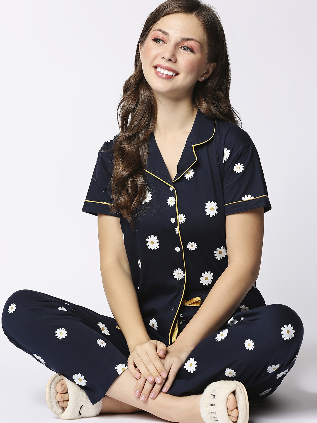 

I like me Women Navy Blue & White Pure Cotton Printed Night Suit