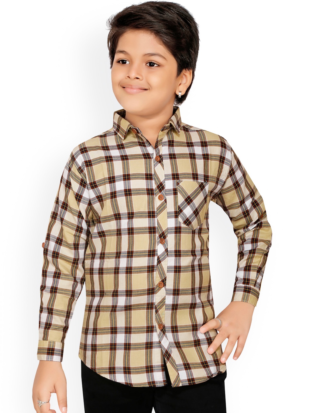 

RIKIDOOS Boys Cream-Coloured & Black Regular Fit Tartan Checks Checked Casual Cotton Shirt