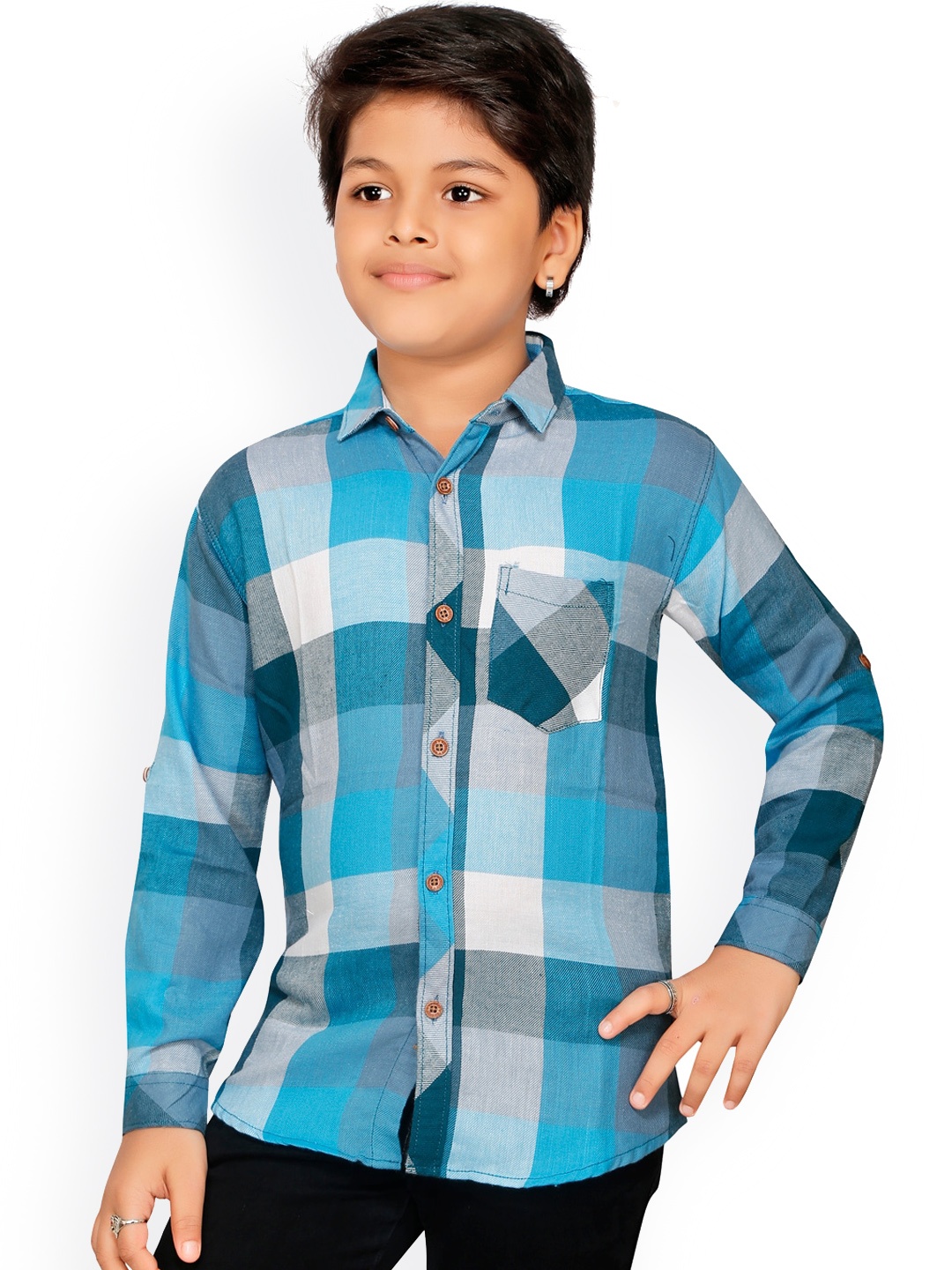 

RIKIDOOS Boys Turquoise Blue & Grey Checked Casual Shirt