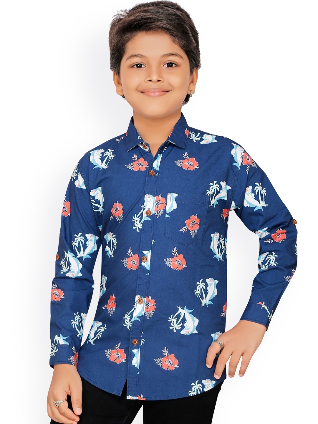 

RIKIDOOS Boys Navy Blue & White Opaque Printed Cotton Casual Shirt