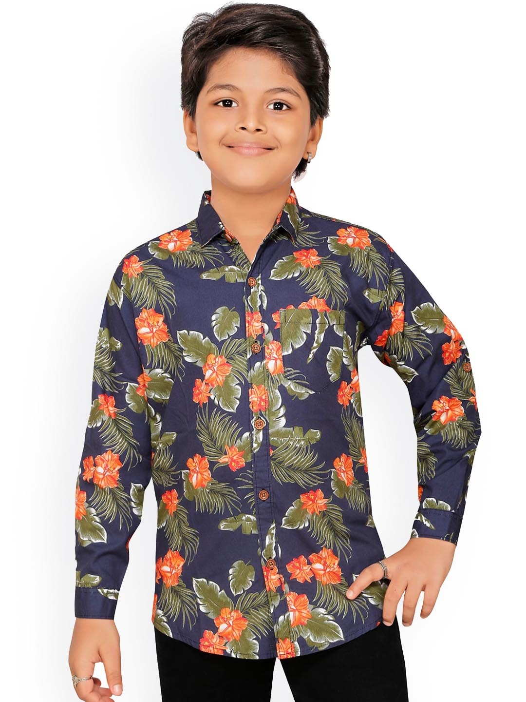 

RIKIDOOS Boys Navy Blue & Orange Floral Printed Casual Shirt