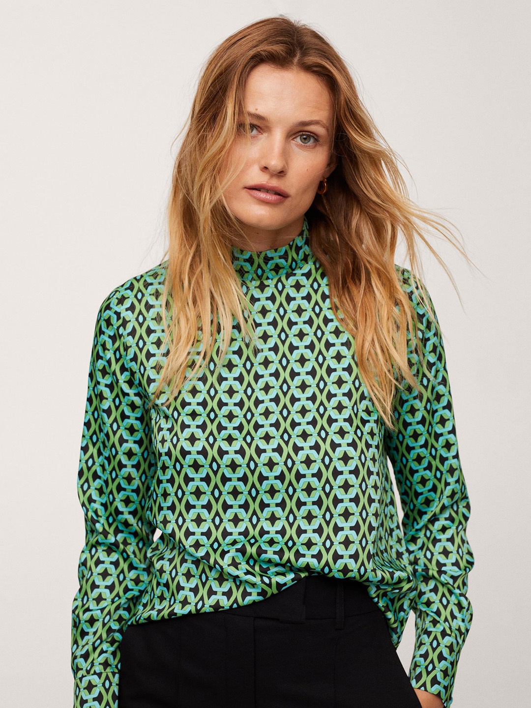 

MANGO Green & Black Geometric Print Regular Top